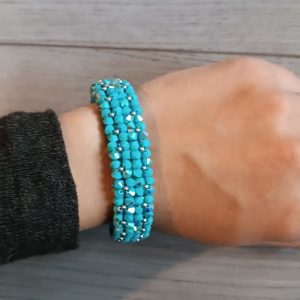BRACELET FLEURS 2 RANGS REF 5 BLEU